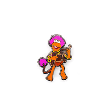 gobo lapel pin, featuring the character of gobo playing his favorite instrument! Pin is over a white background.